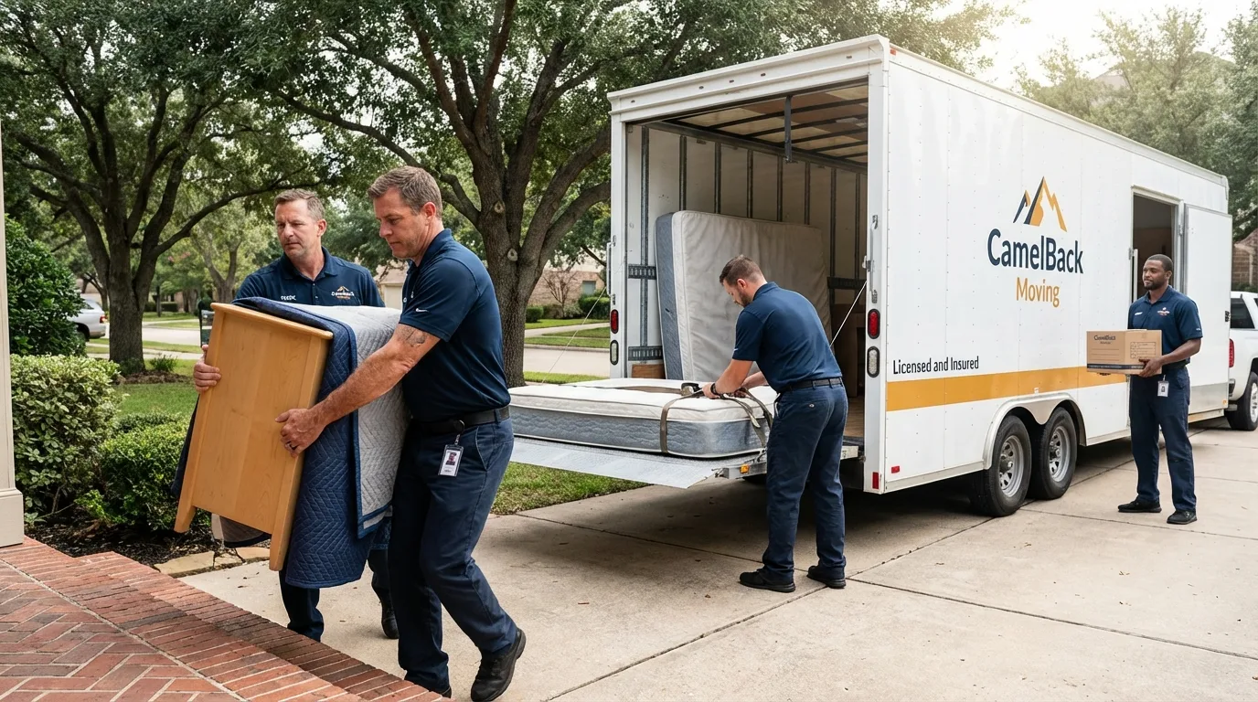 Crew loading residential truck for cross-state move from Muncie, IN