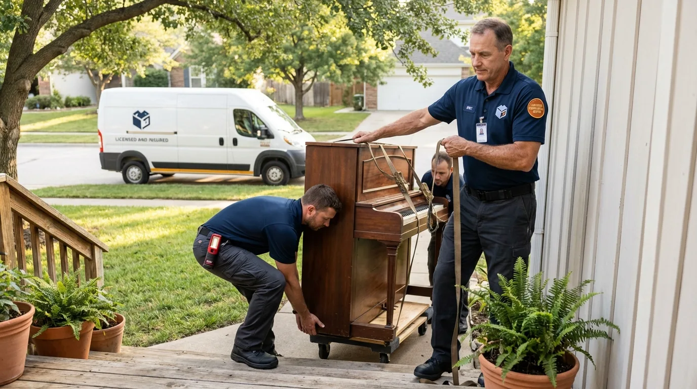 Licensed piano movers securing grand piano in Muncie, IN