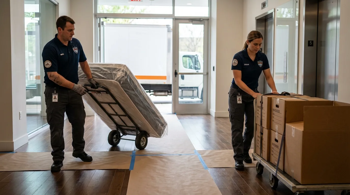 Professional apartment movers loading elevator in Muncie, IN